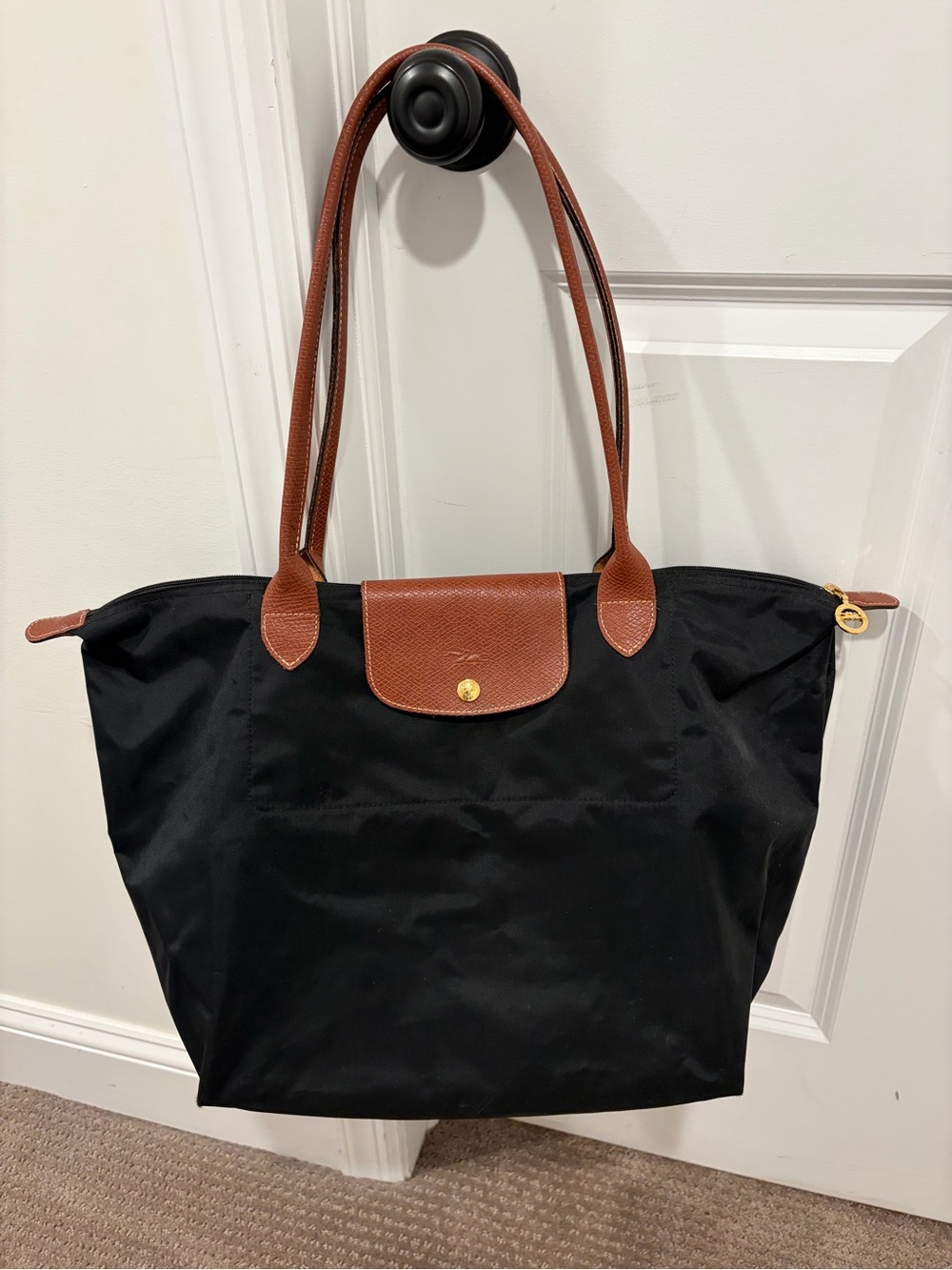 Longchamp Black Nylon Tote with Brown Leather Trim and Straps